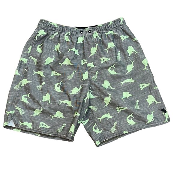 Salt Life Swim Trunks Bathing Suit Shorts Mesh Lined Grey Green Fish Size Medium - Picture 1 of 8